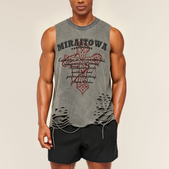 Washed Distressed Print Loose Sleeveless Tank Top