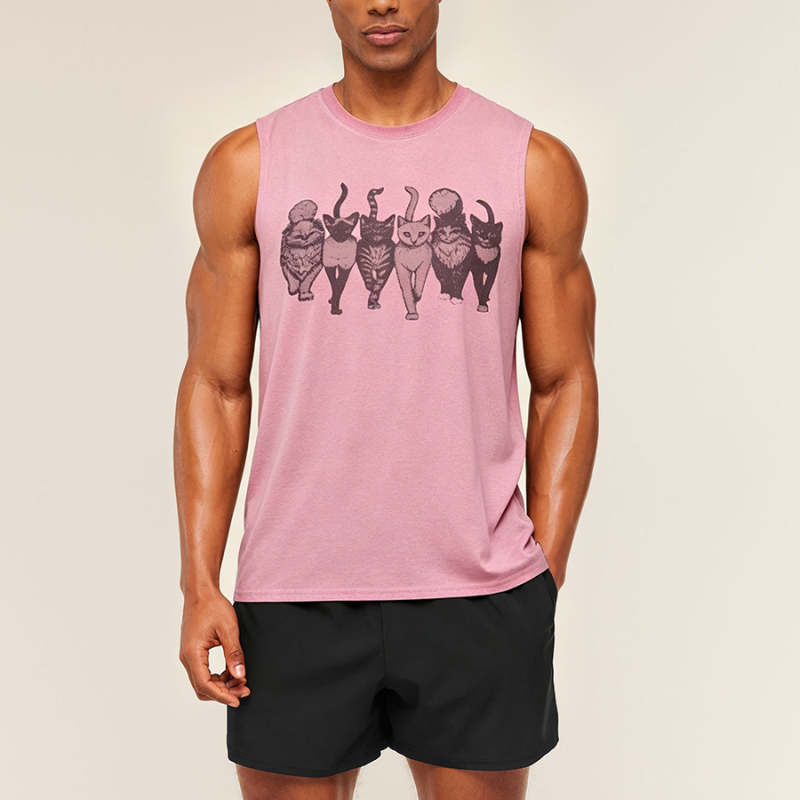 Washed Cat Print Loose Sleeveless T-Shirt