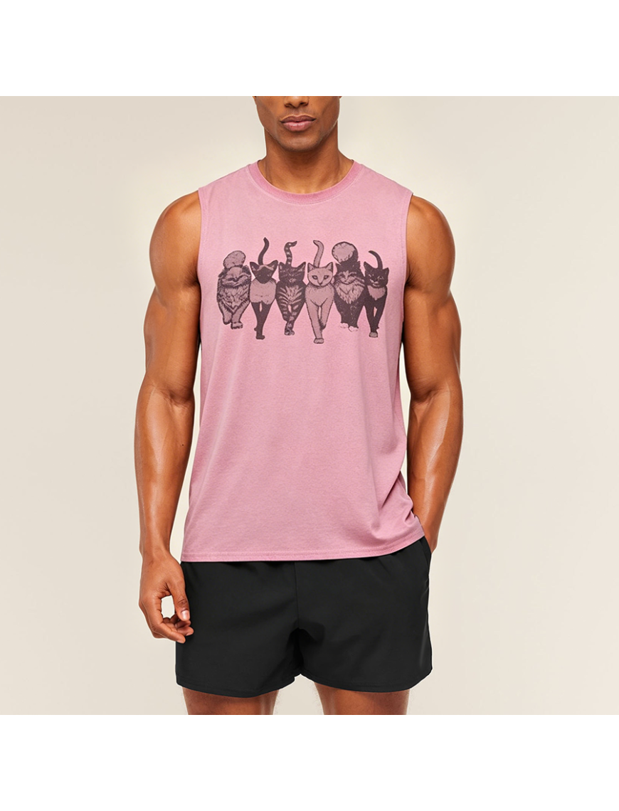 Washed Cat Print Loose Sleeveless T-Shirt